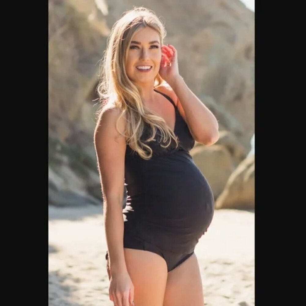 Pinkblush Black Solid Wrap Front Maternity Tankini Top S